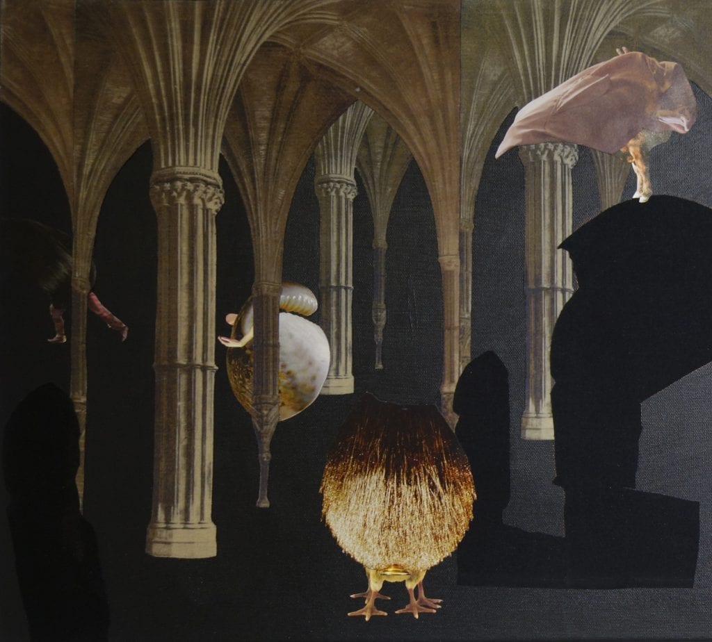 A fuzzy round creature with four bird-like feet stands in front of a repeating series of pillars and arches against a black canvas. Other creatures can be glimpsed amongst the pillars. One bird creature with goat legs perches on top of a strange black cut-out shape