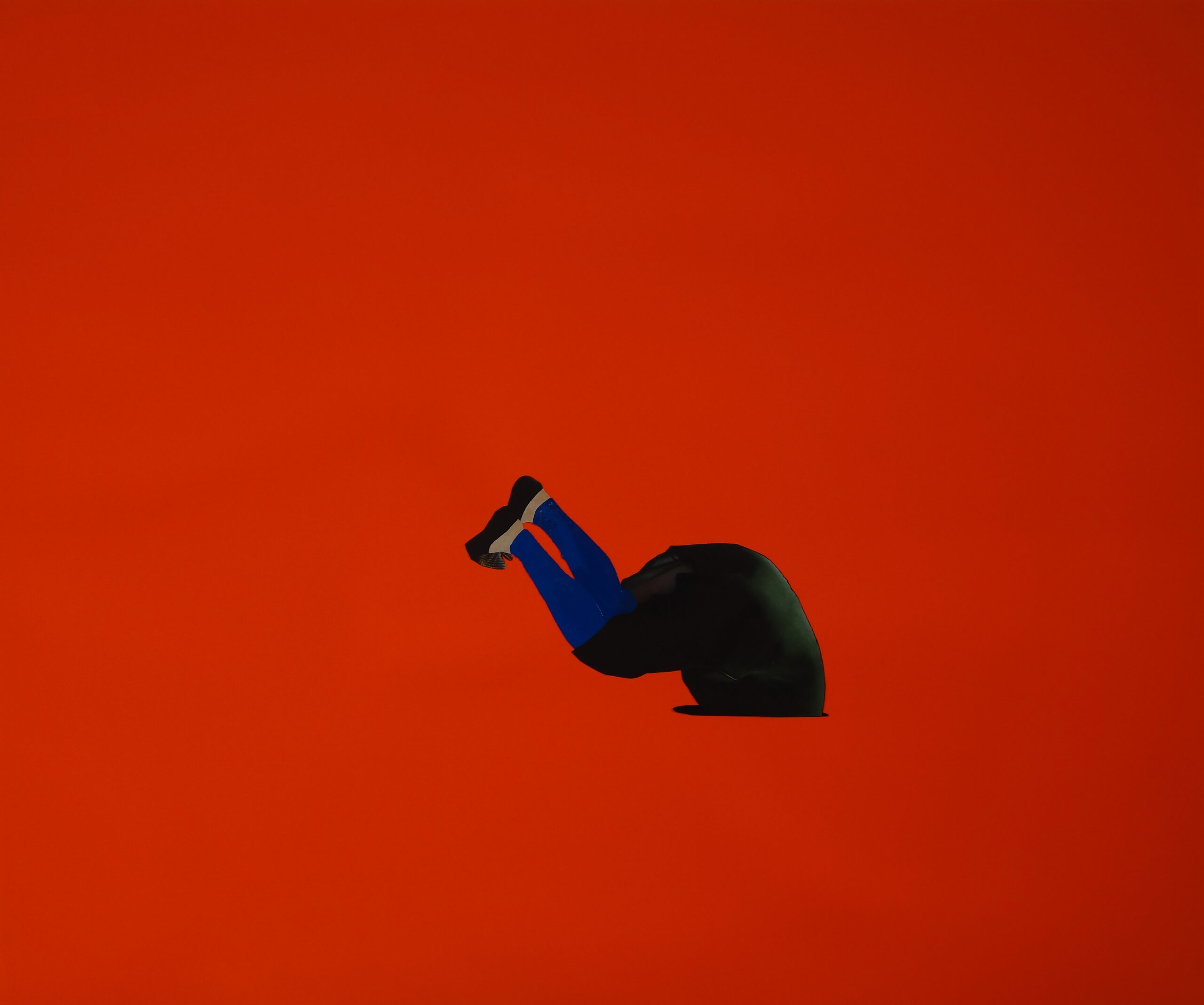 Slip: Against a fluorescent orange backdrop, a painted figure with blue hose and a dark green tunic falls headlong into a black hole