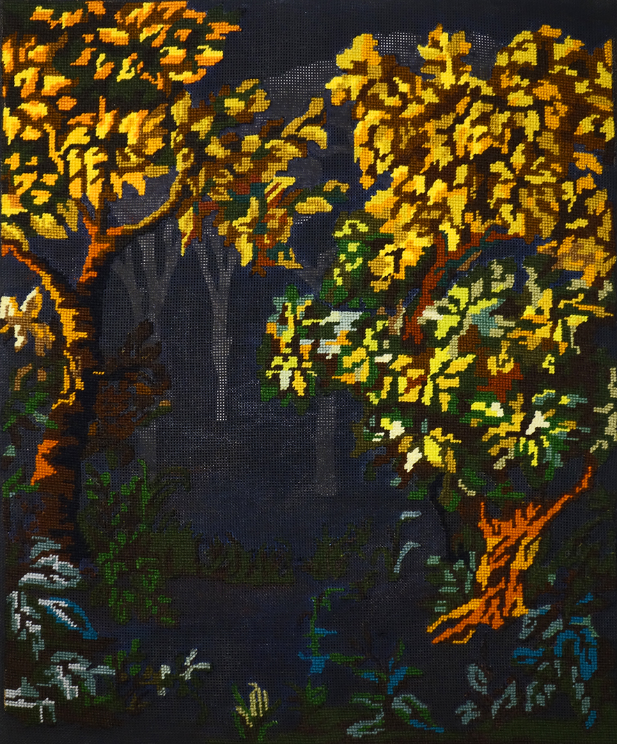 Silk: an embroidered image of bright autumn trees in yellow and orange sits against a black linen background, with tree silhouettes behind